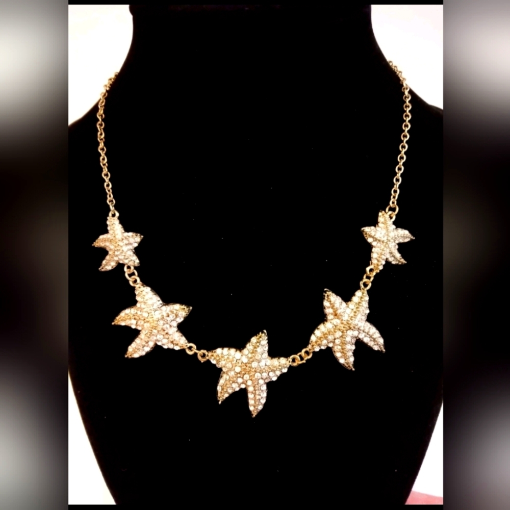 Traci Lynn "Sea Stars" Rhinestone Studded Starfish Statement Necklace ~ Goldtone